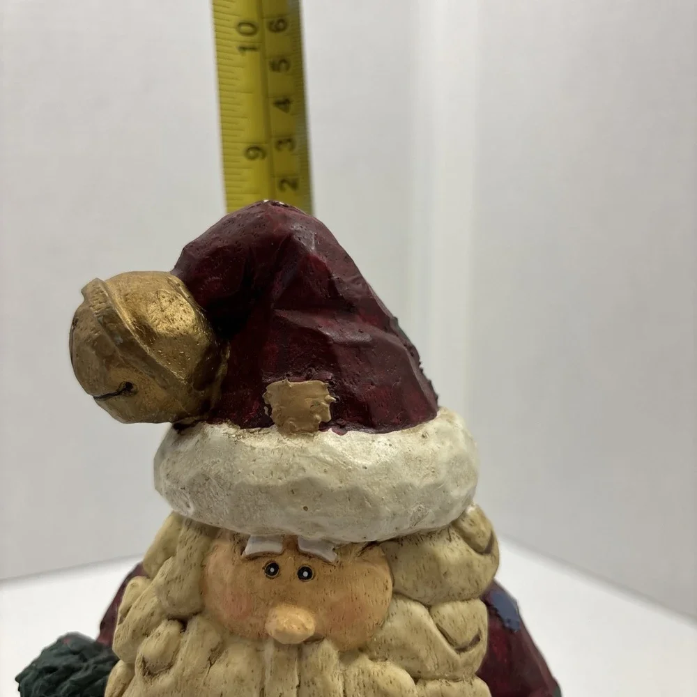 Vtg Resin Patchwork Santa Claus Holding Teddy Wreath‎ & Lantern Figurine
